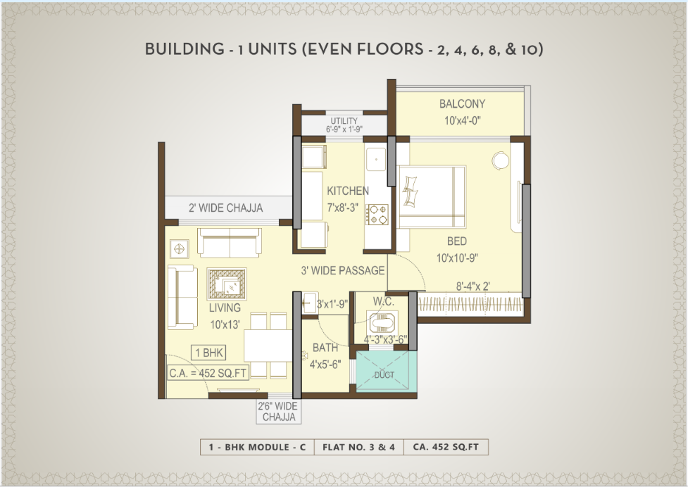Building 1 even floors 1 BHK module C floor plan
