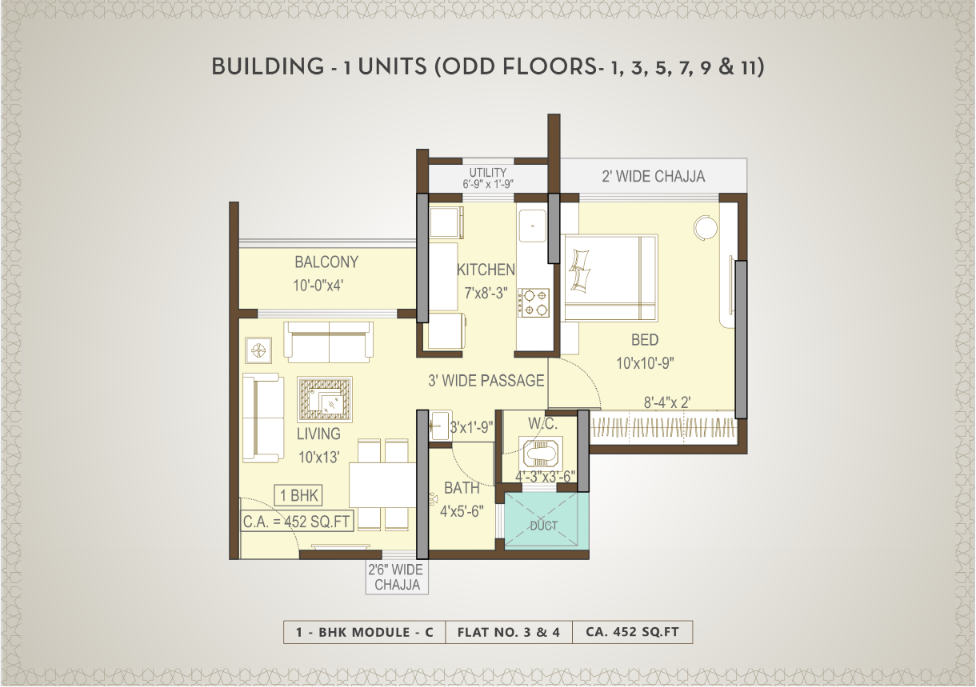 Building 1 odd floors 1 BHK module C floor plan