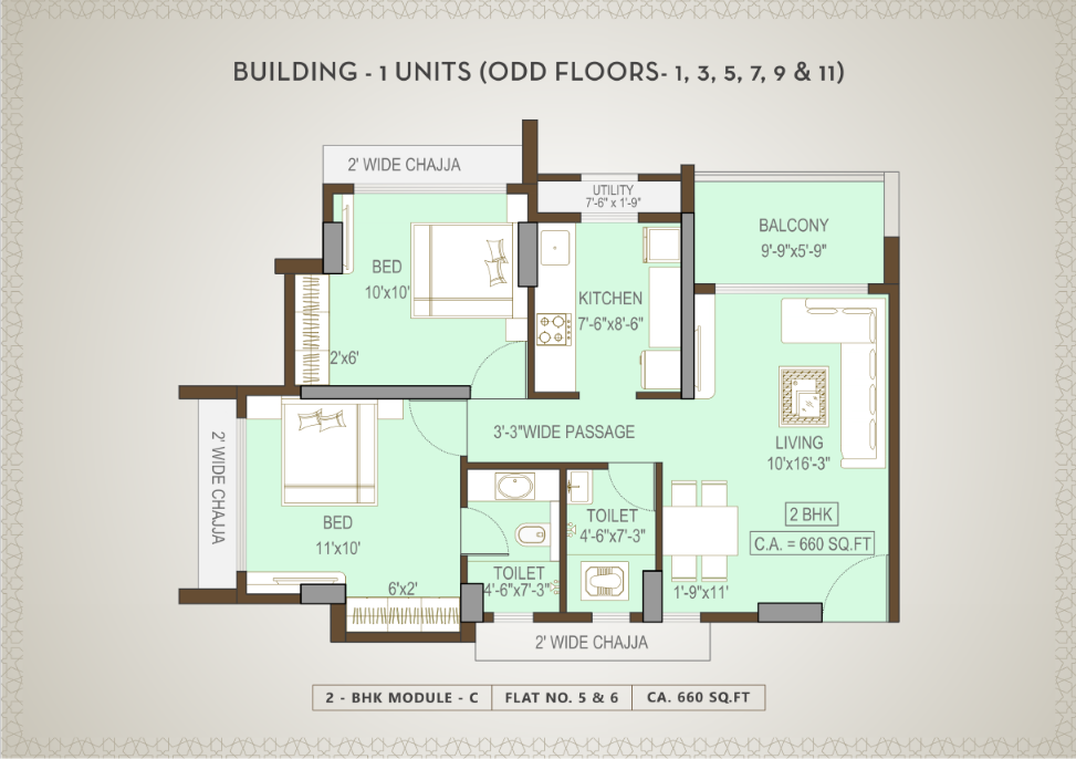 Building 1 odd floors 2 BHK module C floor plan