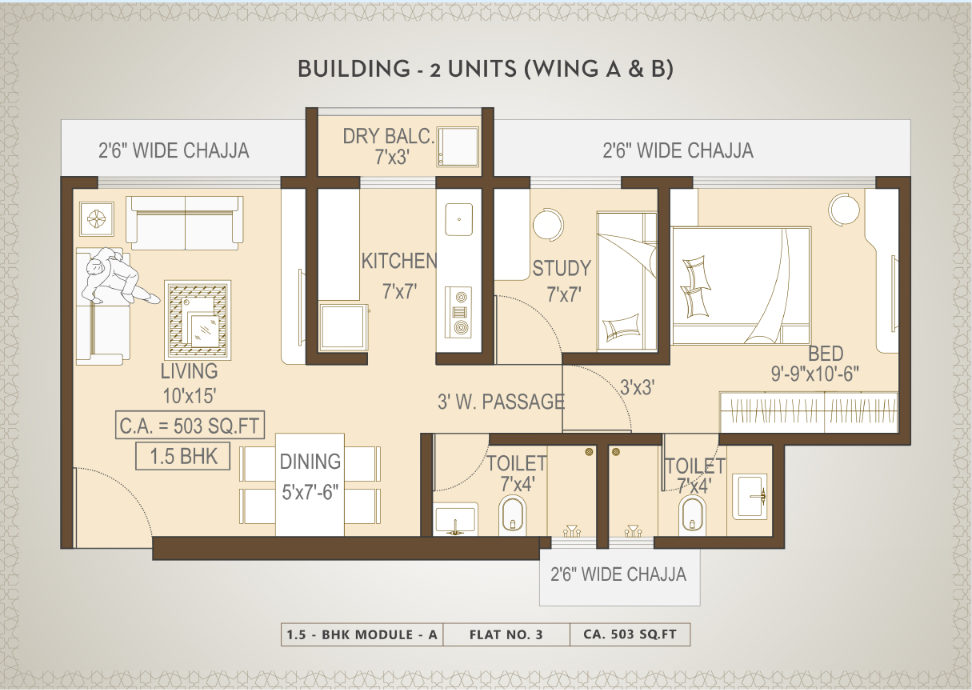 Building 2 wing A and B 1.5 BHK module A floor plan