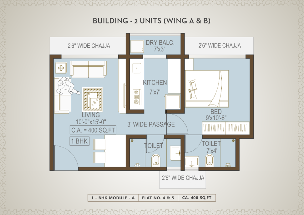 Building 2 wing A and B 1 BHK module A floor plan